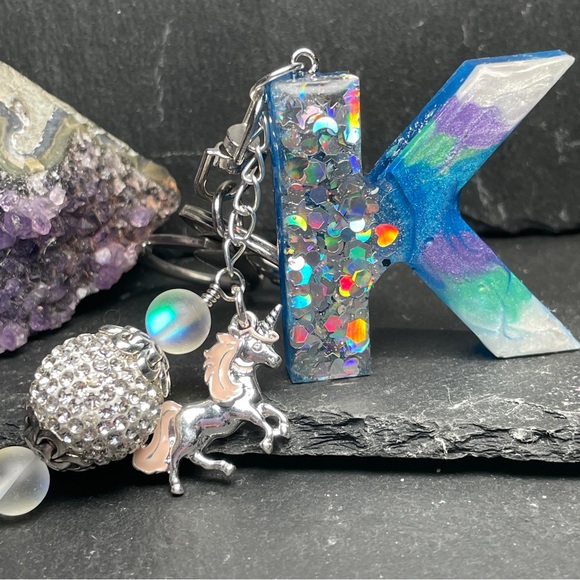 Custom Made Colorful Unicorn Keychain with Glitter Letter K - Picture 6 of 11